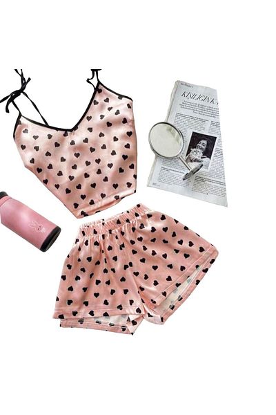 Lolliboomkids Satin-Pyjama-Set mit Herzmuster, bauchfreiem Oberteil, 4-Jahreszeiten-Pyjama-Set mit Trägern, bauchfreiem Top und Shorts, Heimkleidung