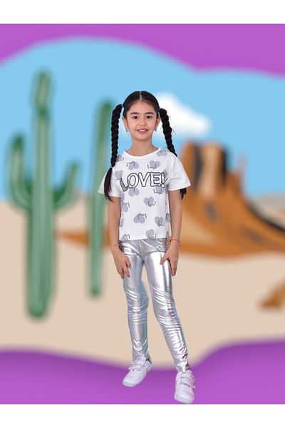 Lolliboomkids New Season Girl's Metallic Lame Silver Color Short Sleeve Love Print T-Shirt Set of 2