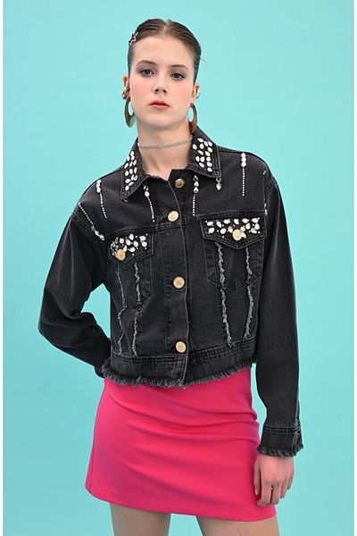 İLKCET MODA Дънково яке - Бродирано с камъни