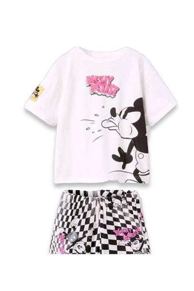 Lolliboomkids Set de tricou și pantaloni scurți cu model Mickey, alb-negru, roz