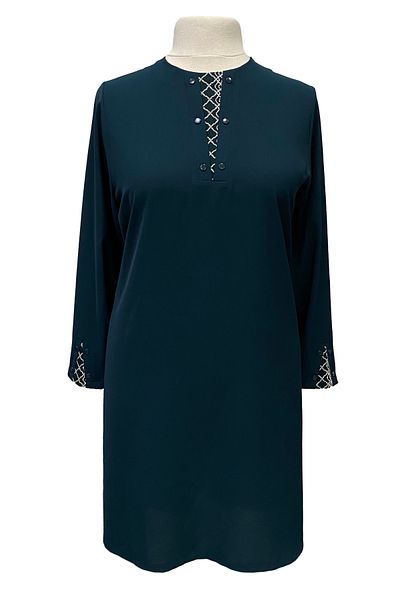 Giyinen Mağazaları Petrol Blue Seray - Stylish Ayrobin Tunik with Round Collar and Embroidery Detail and Side Slits