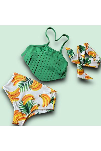 Lolliboomkids Girl's Tasseled Bikini Set High Waist Tropical Amazon Banana Pattern Hair Accessory Yellow Green