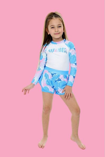 Lolliboomkids Sezon nou Colanți pentru piele sensibilă cu pantaloni scurți Set costum de baie cu mânecă lungă de culoare albastru și alb 2 piese