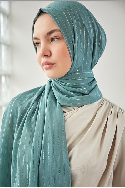 Scarf Şal din şifon cu sclipici argintiu de culoare petrol