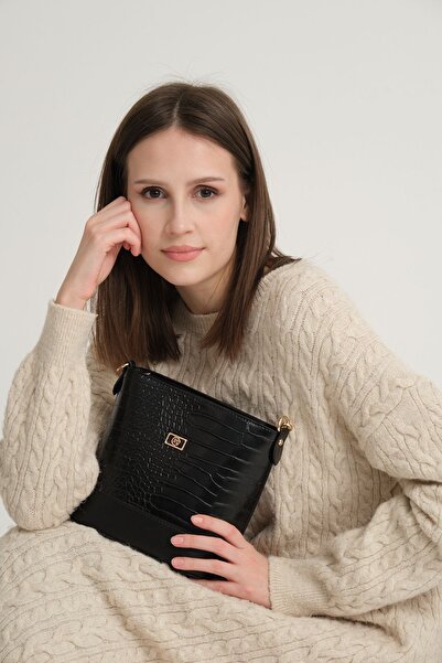 mossi Black Crocodile Skin Look Women's Hand and Shoulder Bag with Strap