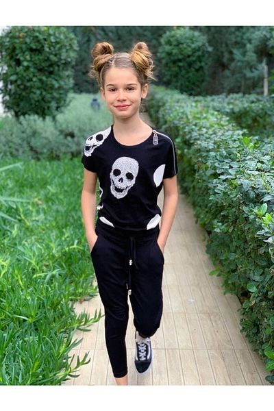 Lolliboomkids Girl's Short Sleeve Waist-adjusted Jewelled Skull Patterned Jumpsuit with Back Zipper