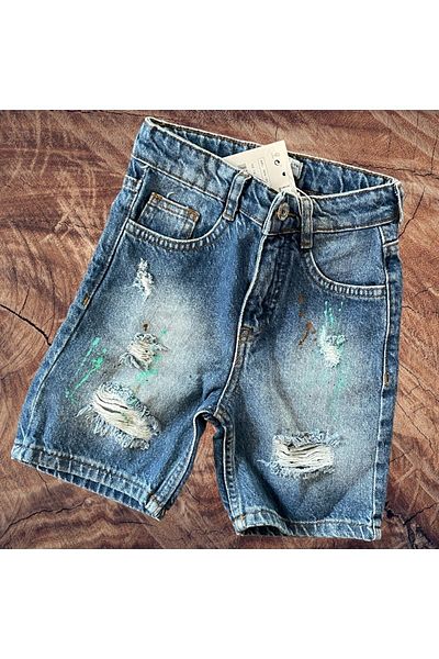 Lolliboomkids Unisex Washed Denim Shorts with Paint Splatter and Ripped Detail