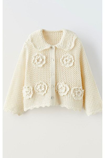 Lolliboomkids Cardigan din tricot pentru fetiță cu broderie florală ecru - sezon la modă cu guler pentru bebeluși și închidere cu nasturi