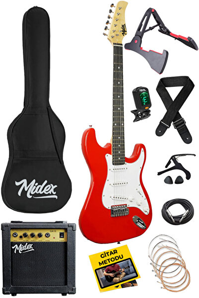 Midex Age-80rd Amfili Full Elektro Gitar Seti 4/4 Yetişkin 39 Inç Red