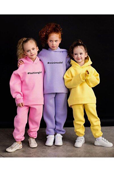 Lolliboomkids Κοριτσίστικο Κεντητό Σύνθημα κάτω επάνω Σετ με κουκούλα 3 κλωστών Ροζ χρώμα