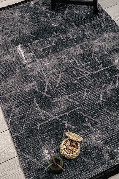 Oriente Home Modern Desenli Siyah Yıkanabilir Saçaklı Kaymaz Taban Şönil Salon Halısı 7752