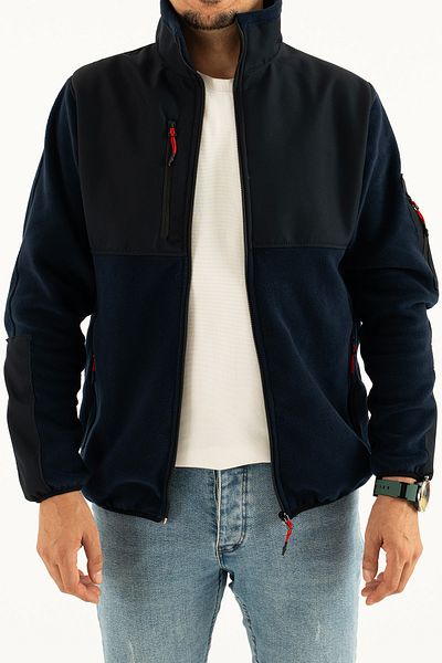 Souris Ανδρικό μπλουζάκι Navy Blue Slim Fit που δεν κολλάει με πλήρες φερμουάρ και γαρνιρισμένο φλις φούτερ