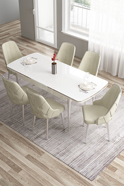 Canisa Tia Serisi 80x132 Açılabilir Mdf Mutfak Masası Takımı Beyaz Masa Krom Detay 6 Krem Sandalye