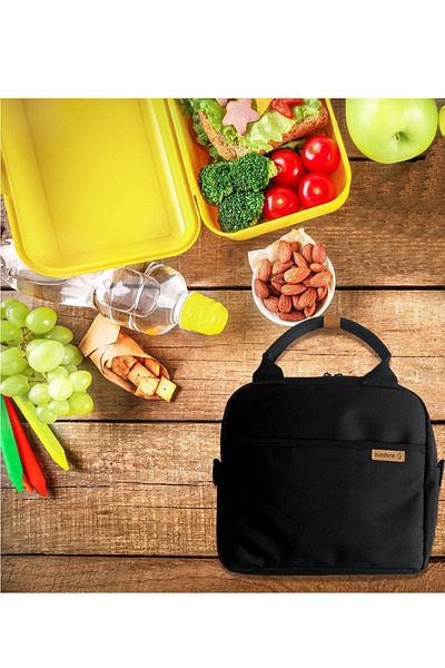 SUNSHINE Black Waterproof Thermal Food Carrying Bag Lunch Bag with Orange Pattern and Black Strap