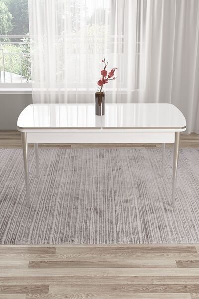 Canisa Tia Serisi 80x132 Açılabilir Mdf Mutfak Masası Takımı Beyaz Masa Krom Detay 6 Krem Sandalye