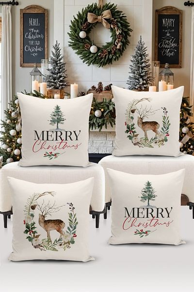 Bertille Home New Year Series - Double Sided Digital Printed 4-Piece Throw Pillow Cover Set (Christmas Christmas Cushion Cover)