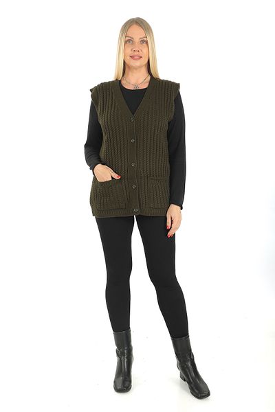 İKSUN V-Neck Winter Mother Vest - Thick Wool, Hair Knit Detail, Knitwear Pocket