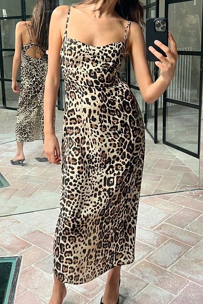 Çnru Zebra (Leopard) Pattern, Midi-Length Dress with Back Ties, Straps