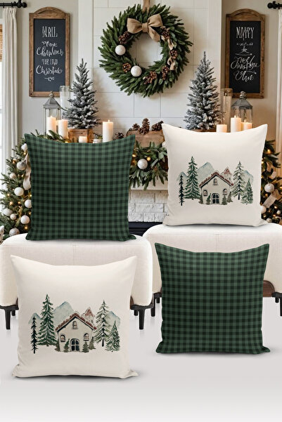 Bertille Home Seria de Anul Nou - Set de 4 huse de pernă cu imprimare digitală pe două fețe (Husă de pernă de Crăciun)