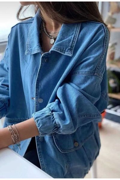 Moda Eliz Jachetă de blugi oversize albastră pentru femei