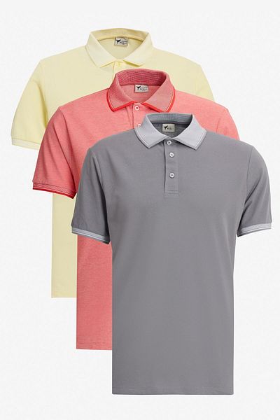 AC&Co / Altınyıldız Classics Κίτρινο, λευκό και γκρι μοτίβο λουλουδιών ρόδι - Ανδρικό μπλουζάκι πόλο με λαιμόκοψη βαμβακερό σετ 3 τεμαχίων
