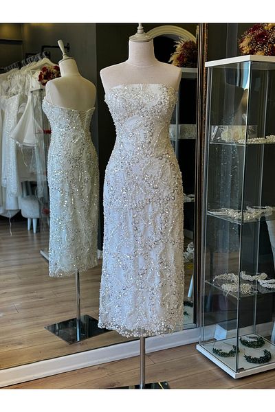 Lenta Wedding Midi Length White Lace Pencil Evening Dress - for Engagement and Home Exit