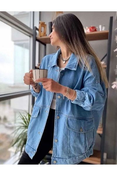 Moda Eliz Jachetă de blugi oversize albastră pentru femei
