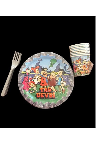 partideyince Stone Age and Bambam Fred Wilma Plate and Cup Fork Set for 8 People