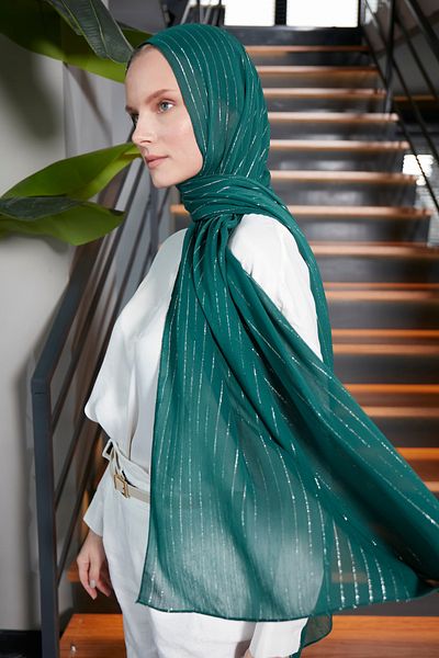Scarf Σμαραγδένιο Χρώμα Ασημί Glitter Σιφόν Σάλι