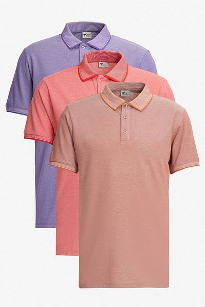 AC&Co / Altınyıldız Classics Set de 3 tricou pentru bărbați, slim fit, cu gât polo - gresie, flori de rodie, violet, bumbac care nu se trage