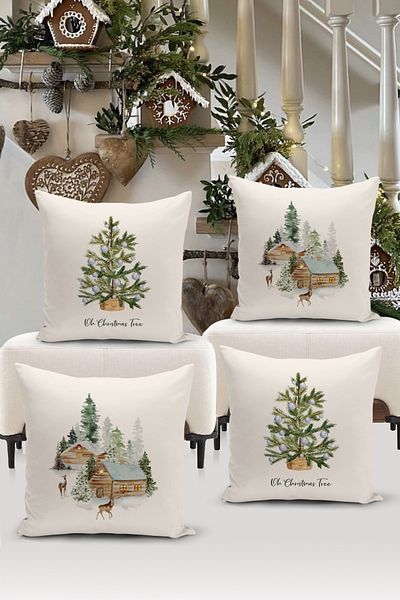 Bertille Home New Year Series - Double Sided Digital Printed 4-Piece Throw Pillow Cover Set (Christmas Christmas Cushion Cover)