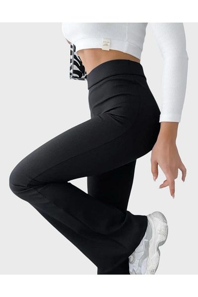 tusem butik homewear Pantaloni evazați cu talie înaltă, negri, cu nervuri, pentru damă