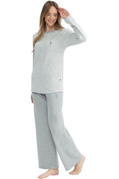 U.S. Polo Assn. Set pijamale cu dungi gri pentru damă - gât rotund, picior lat, mânecă lungă