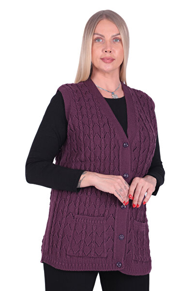 İKSUN V-подібний трикотажний жилет для мам - товста вовна, ланцюговий візерунок, кишені на ґудзиках