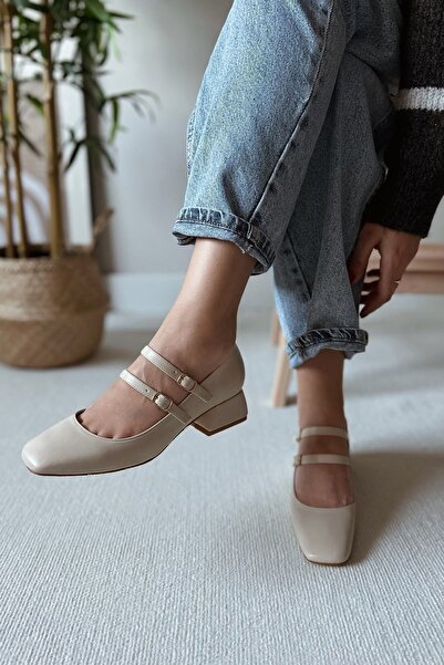 POLKA STORE Women's Mary Jane Beige Matte Leather Back Closed Double Band Square Toe Short Block Heeled Shoes with Hard Hat