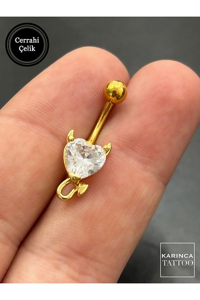Karınca Piercing High Quality Devil Motif Gold Color Belly Piercing with Stones (Ant Tattoo)