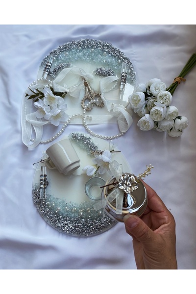 Z&B FLOWERS Epoksi Söz Nişan Tepsisi Gümüş Tepsi Yüzük Tepsisi Damat Fincan Seti