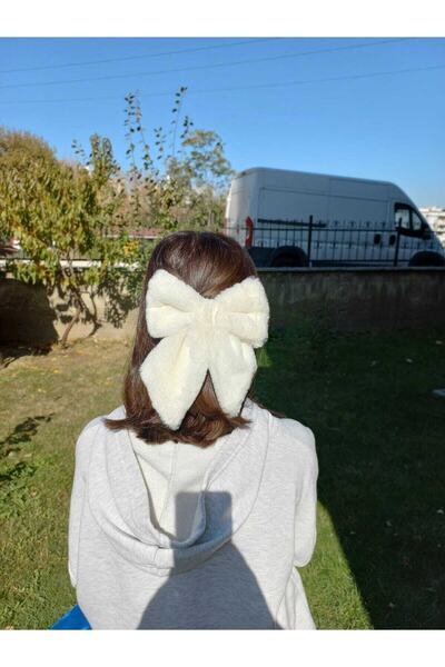 elvin aksesuar Peluş Fiyonk Toka Lüx Ithal Tavşan Tüyü Ekru Renk - Otomatik Peluş Toka