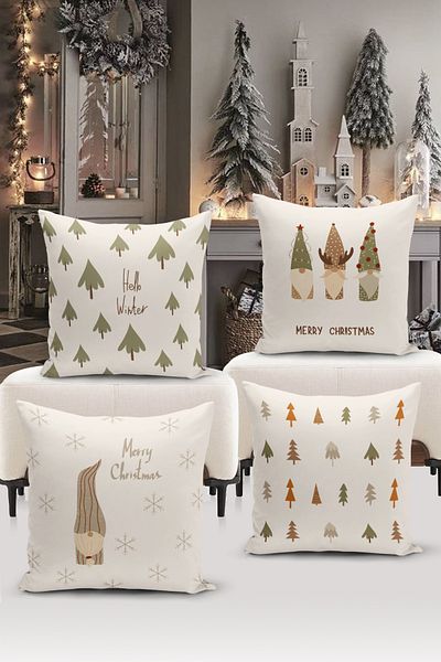 Bertille Home New Year Series - Double Sided Digital Printed 4-Piece Throw Pillow Cover Set (Christmas Christmas Cushion Cover)