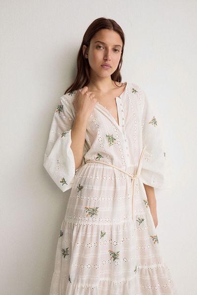 Pilea Orange Embroidered - Portable Lined Wide Cut Cotton Embroidery Dress
