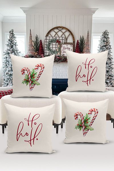 Bertille Home New Year Series - Double Sided Digital Printed 4-Piece Throw Pillow Cover Set (Christmas Christmas Cushion Cover)