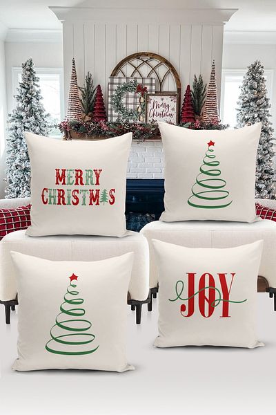 Bertille Home New Year Series - Double Sided Digital Printed 4-Piece Throw Pillow Cover Set (Christmas Christmas Cushion Cover)