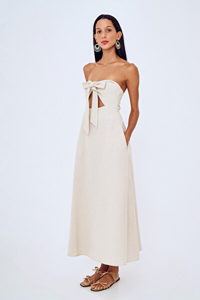 Quzu Dekolteli Straplez Keten Elbise Naturel
