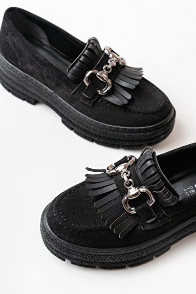 Aymood 749-750 Model Loafer din piele intoarsa neagra cu talpa inalta - Pantofi casual cu catarama