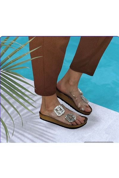 İpek Women's Transparent Stone Cork Sole Slippers