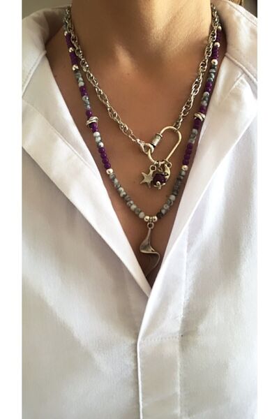 by özllem طقم باللون البنفسجي الرمادي يتكون من قلادتين مصممتين