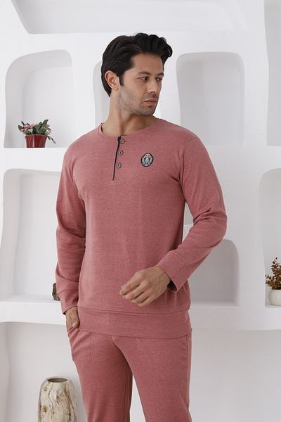 ERDENİZ TEKSTİL Men's Pajama Set - Button Collar, Cotton, Long Sleeve, Pocket, Elastic Sleeves and Feet (Autumn-Winter)
