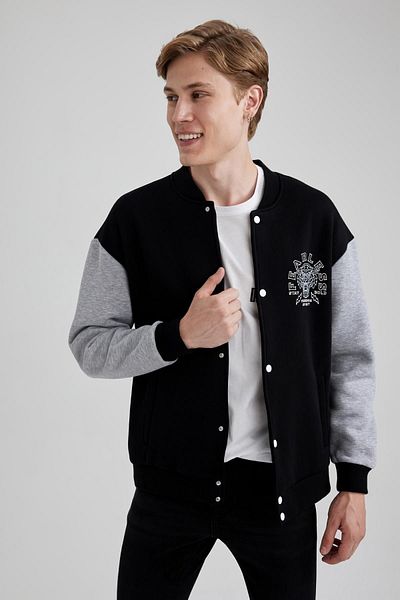 DeFacto Animal Print, Soft Feather, College Collar Bomber Cardigan - Wide Fit B1179Ax23Au