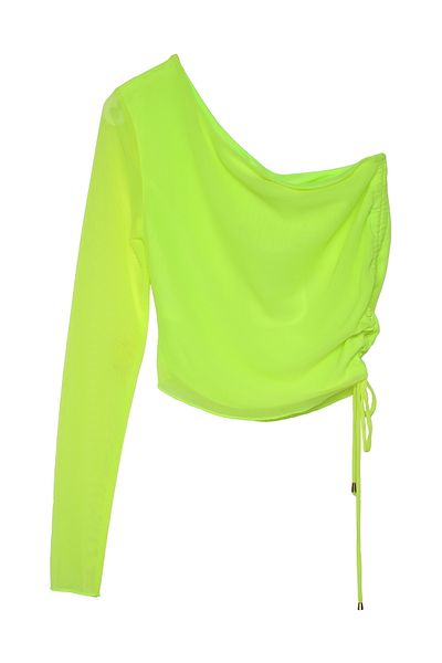 Quzu Neon Yellow Single Shoulder Tulle Blouse - Side Gather Detail