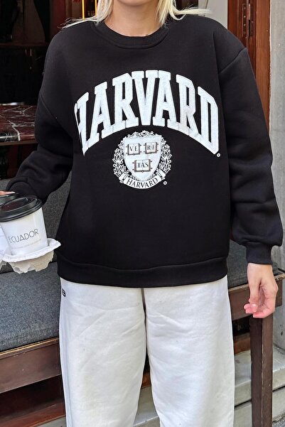 Swist Siyah Hrvrd Baskılı İçi Pamuklu Kadın Sweatshirt